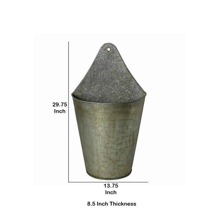 Metal Wall Bucket with Round Tapered Body and Triangular Top, Gray