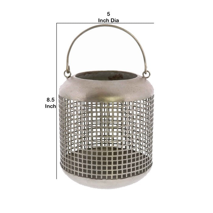 Bellied Mesh Design Metal Frame Lantern with Hanger, Small, Antique Nickel