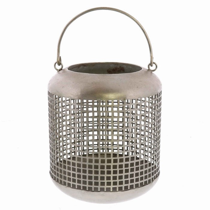 Bellied Mesh Design Metal Frame Lantern with Hanger, Small, Antique Nickel