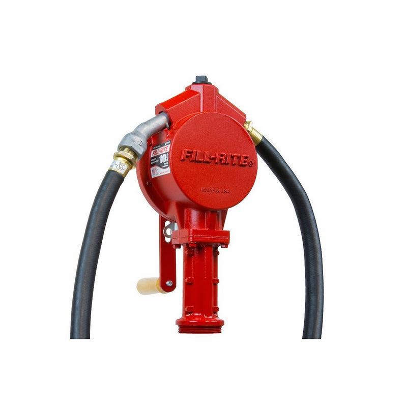 Fill-Rite FR112 Rotary Vane Hand Pump with Discharge Hose, Nozzle Spout, and Suction Pipe