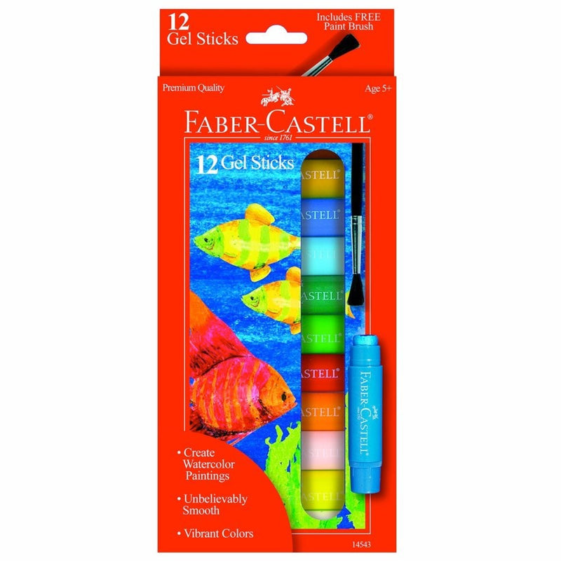 Faber-Castell Gel Sticks - 12 Water-Soluble Pigment Crayons for Kids with Brush