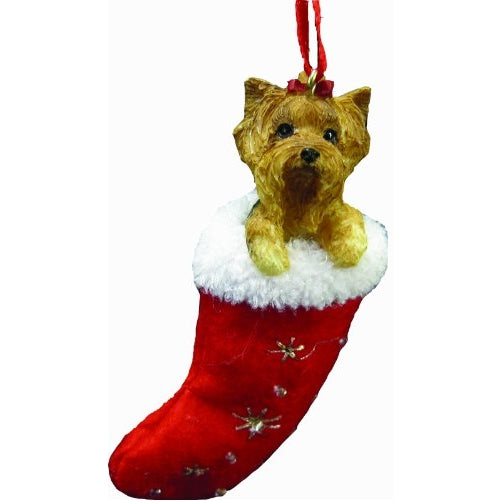 Yorkie Christmas Stocking Ornament, Hand Painted and Stitched Detail