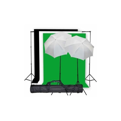 StudioFX Photo Studio Lighting Light kit & Stand / (3) 10' x 10' Muslin Green, White, Black / (2) Snow White Umbrella 33" -- K1