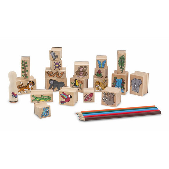 Melissa & Doug Stamp-a-Scene Stamp Set: Rain Forest - 20 Wooden Stamps, 5 Colored Pencils, and 2-Color Stamp Pad