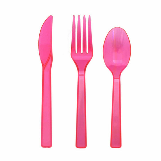 Party Essentials Hard Plastic Cutlery Combo Pack, 51 Pieces/17 Place Settings, Neon Pink