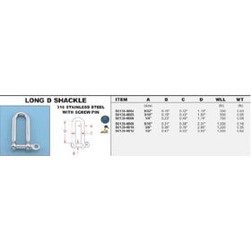 316 Stainless Steel Long D Shackle (with screw pin) 5/32" (S0138-0004)