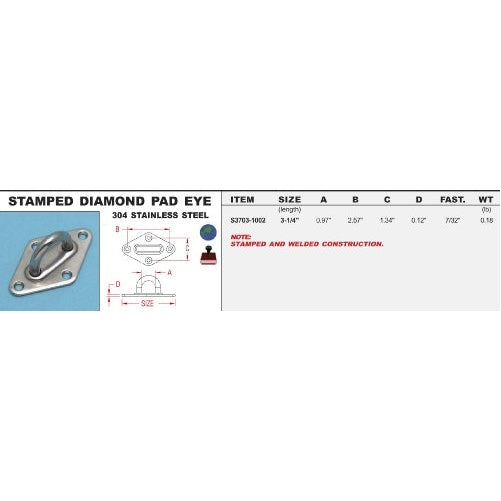 304 Stainless Steel Stamped Diamond Pad Eye 3-1/4" (S3703-1002)
