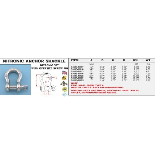 316-NM Stainless Steel Nitronic Anchor Shackle w/ Oversize Screw Pin 3/8" (S0116-NM10)