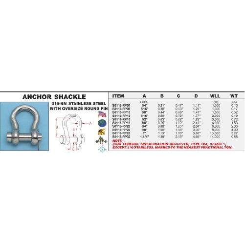 316-NM Stainless Steel Anchor Shackle w/ Oversize Round Pin 3/8" (S0116-RP10)