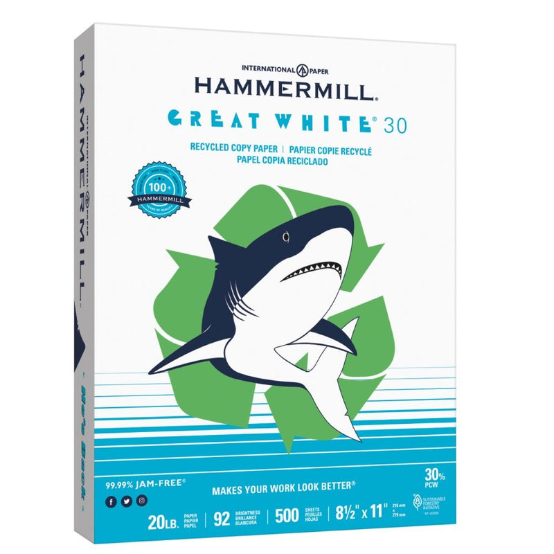 Hammermill Paper, Great White 30% Recycled Copy Paper Poly Wrap, 20lb, 8.5 x 11, Letter, 92 Bright, 500 Sheets/1 Ream (086710) Made In The USA