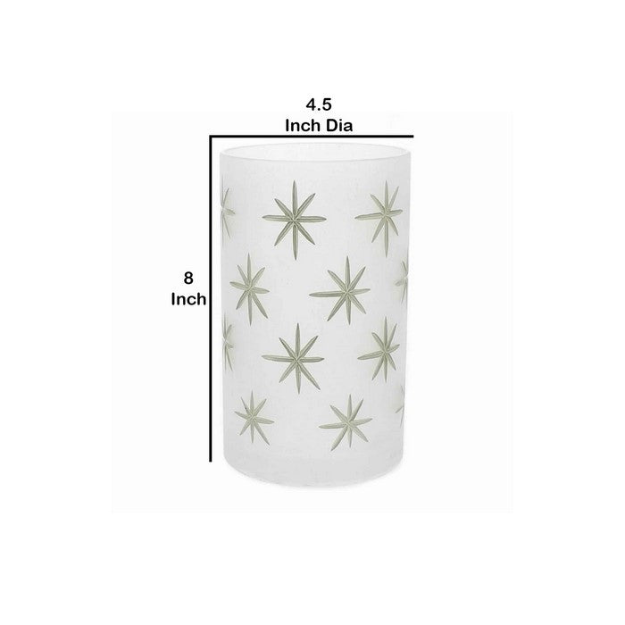 Cylindrical Frosted Glass Hurricane with 8 Point Star Print, Large, White