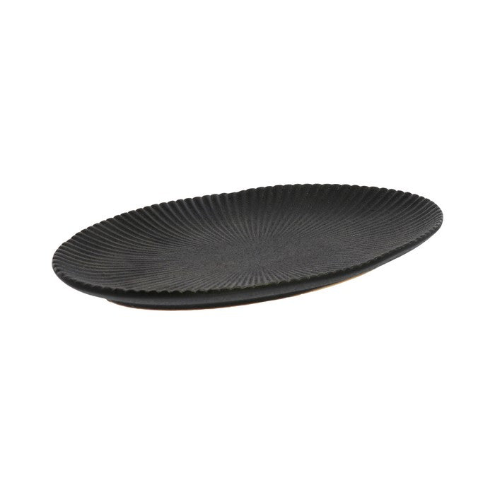 Ceramic Oval Shaped Plate with Ribbed Pattern, Small, Black