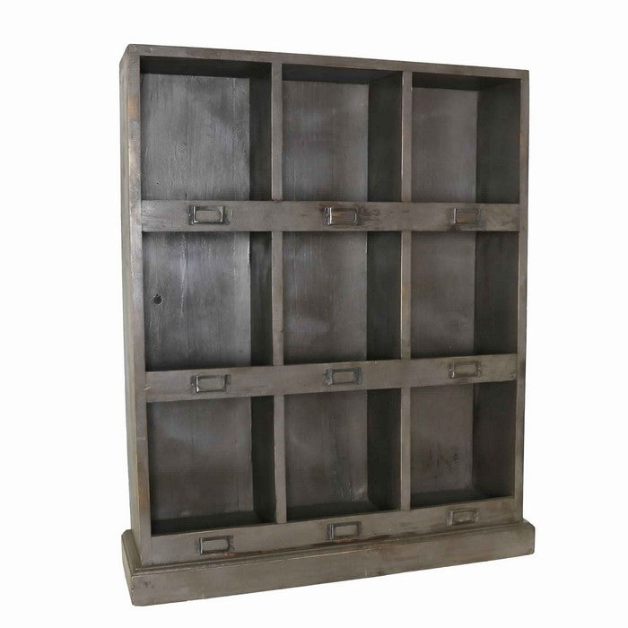 Rectangular Metal Frame Storage Case with 9 Cubbies, Distressed Gray