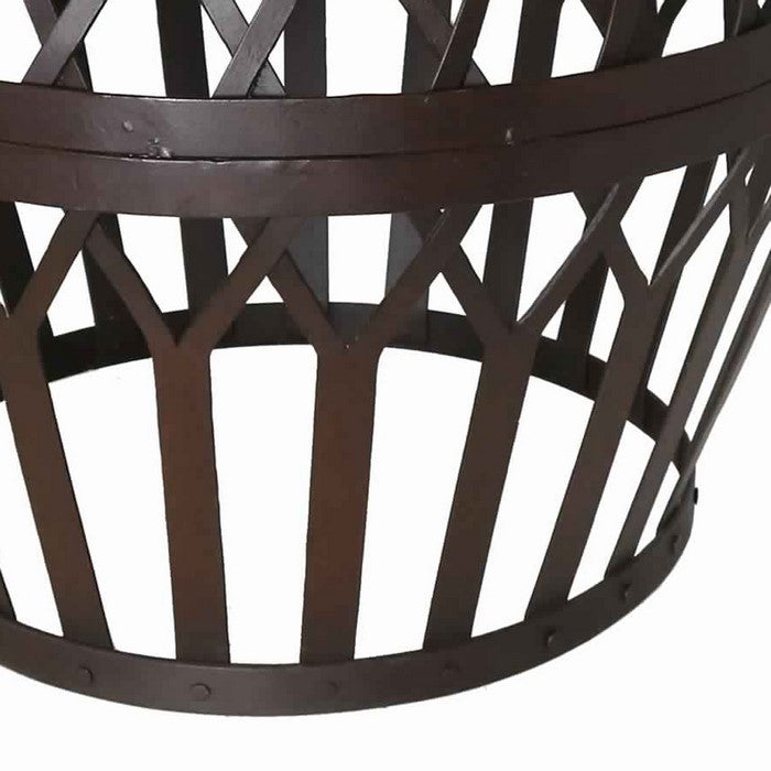 Drum Shape Metal Side table with Geometric Caged Pattern, Dark Brown