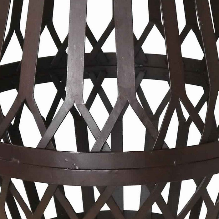 Drum Shape Metal Side table with Geometric Caged Pattern, Dark Brown