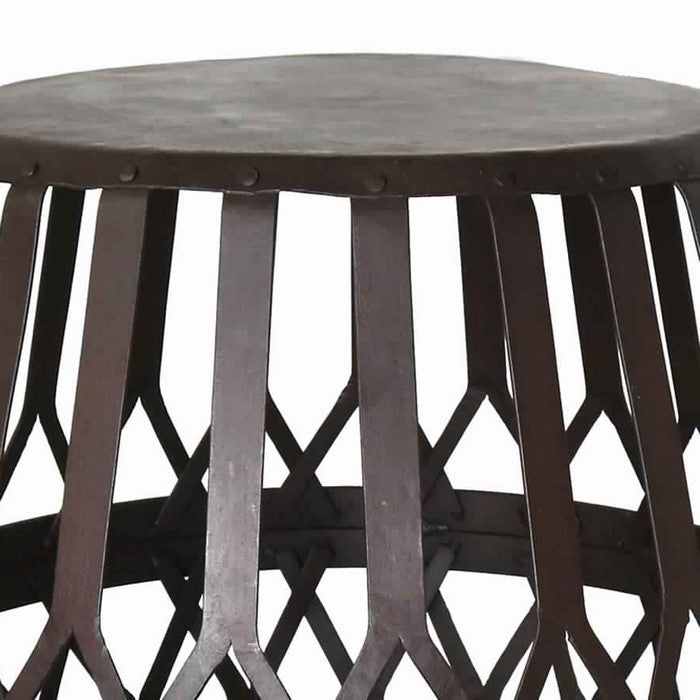 Drum Shape Metal Side table with Geometric Caged Pattern, Dark Brown