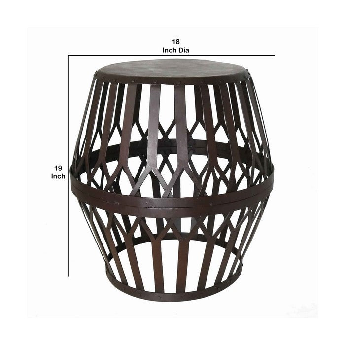 Drum Shape Metal Side table with Geometric Caged Pattern, Dark Brown