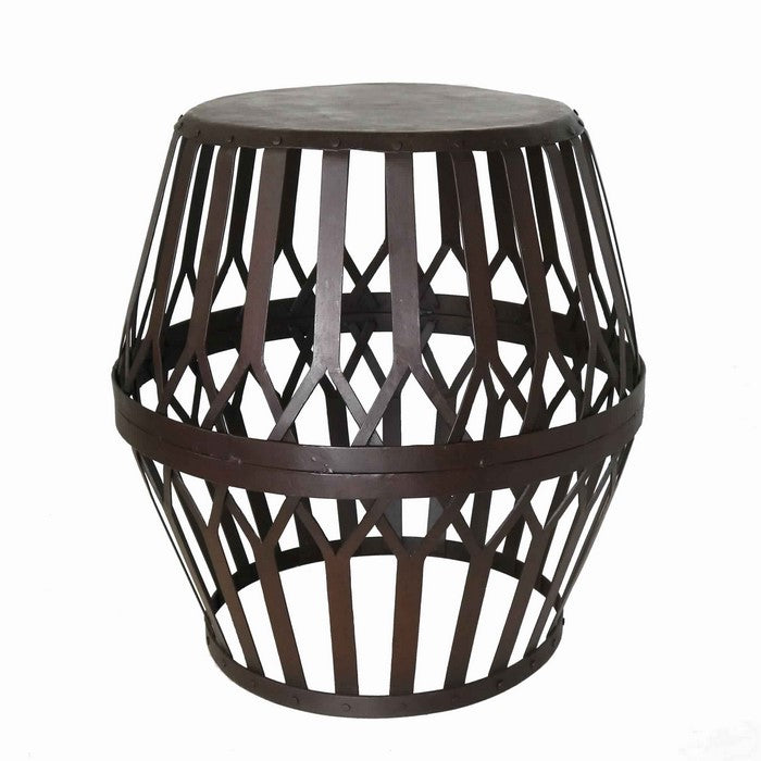 Drum Shape Metal Side table with Geometric Caged Pattern, Dark Brown