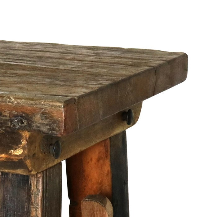Farmhouse Style Wooden Stool with Angular Block Legs and Trestle Base,Brown