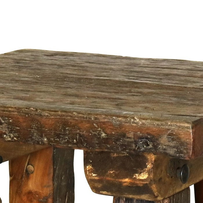 Farmhouse Style Wooden Stool with Angular Block Legs and Trestle Base,Brown