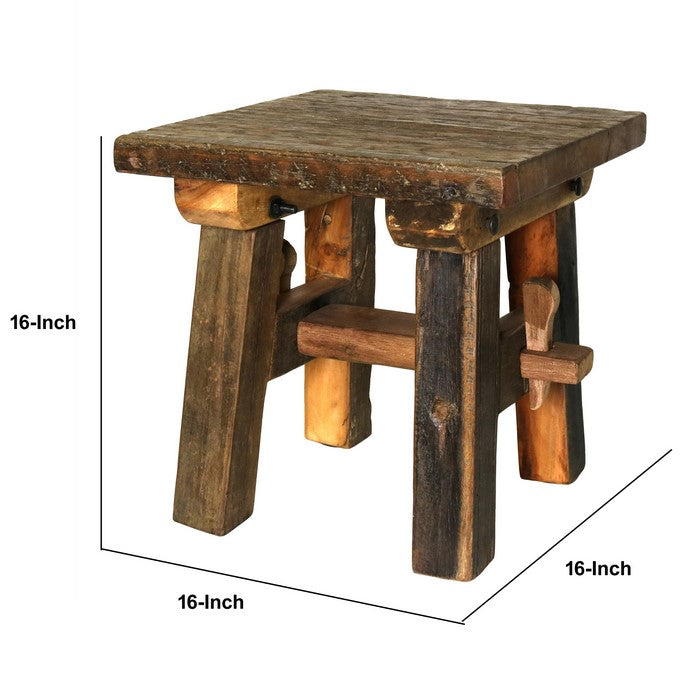Farmhouse Style Wooden Stool with Angular Block Legs and Trestle Base,Brown