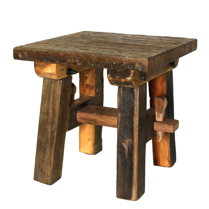 Farmhouse Style Wooden Stool with Angular Block Legs and Trestle Base,Brown