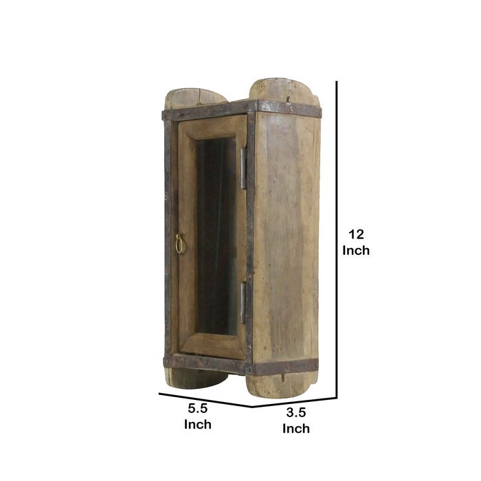 Wooden Brick Mold Cabinet with Glass Door, Natural Brown