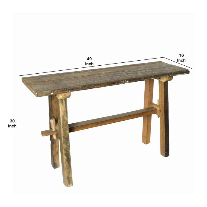 Salvaged Wooden Console Table with Trestle Base, Rustic Brown