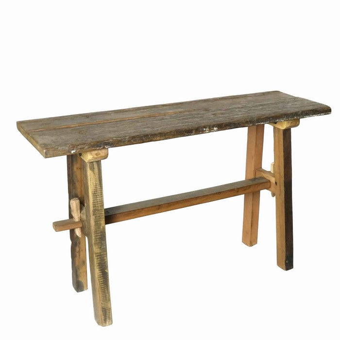 Salvaged Wooden Console Table with Trestle Base, Rustic Brown