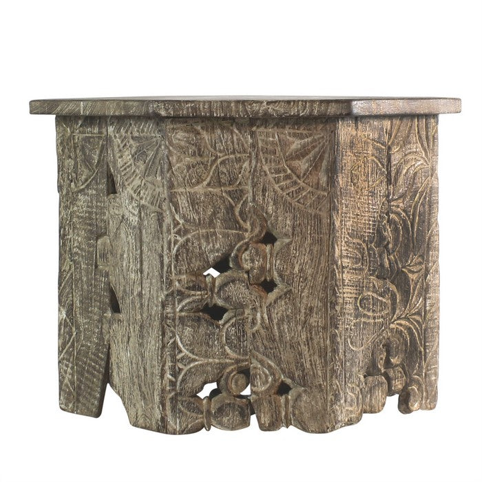 Octagon Shape Wooden Side Table with Intricate Carvings, Brown