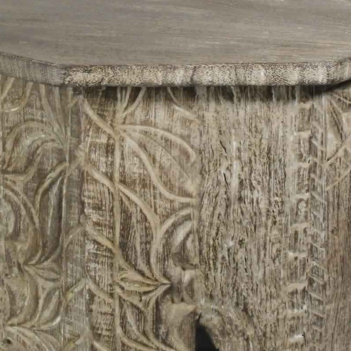 Octagon Shape Wooden Side Table with Intricate Carvings, Brown