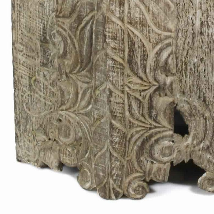 Octagon Shape Wooden Side Table with Intricate Carvings, Brown