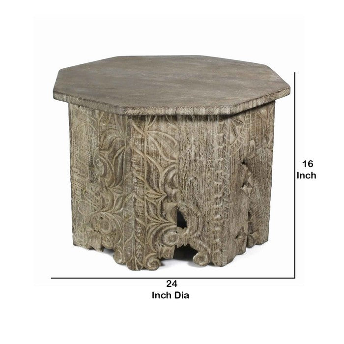 Octagon Shape Wooden Side Table with Intricate Carvings, Brown