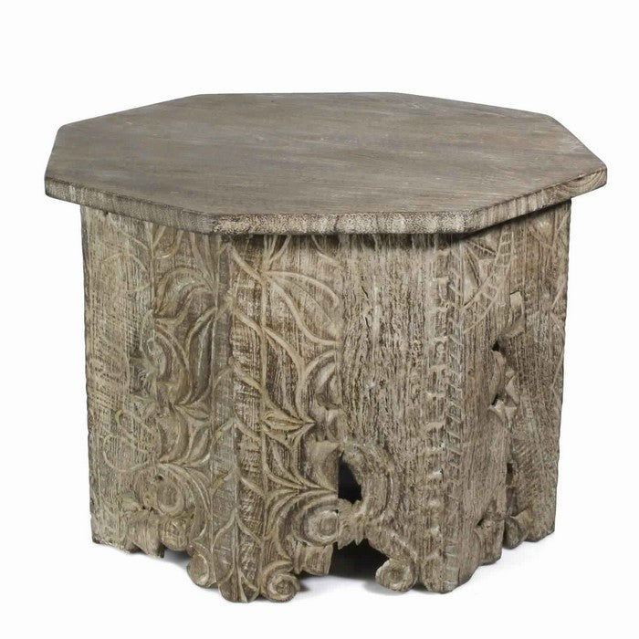 Octagon Shape Wooden Side Table with Intricate Carvings, Brown