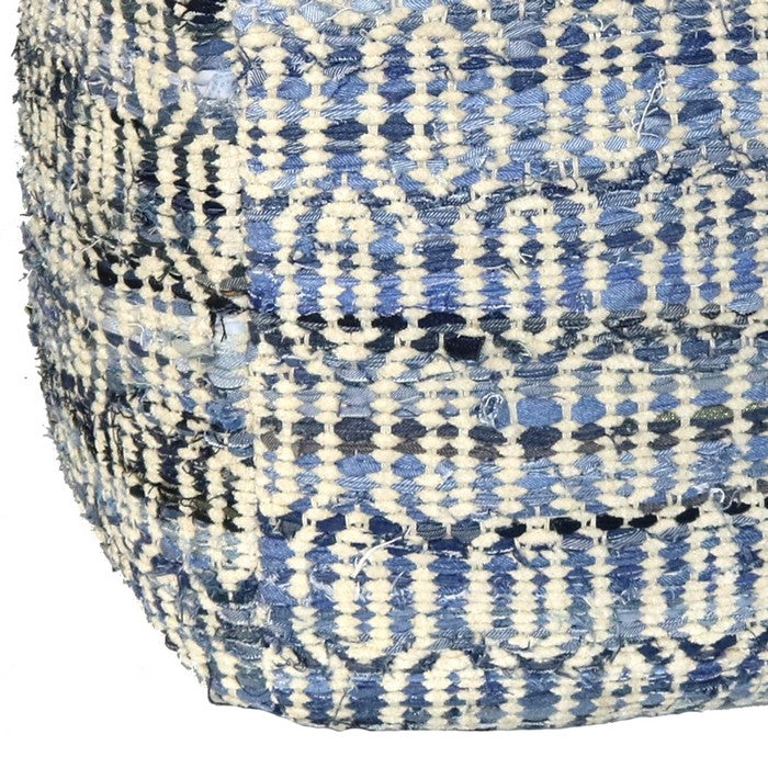 Ogee Pattern Chenille Upholstered Pouf with Cotton Filling, Blue and White