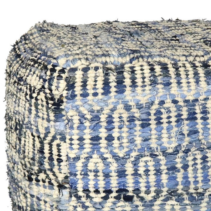 Ogee Pattern Chenille Upholstered Pouf with Cotton Filling, Blue and White