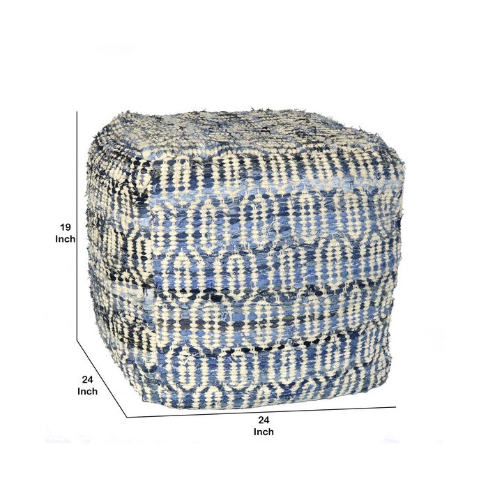 Ogee Pattern Chenille Upholstered Pouf with Cotton Filling, Blue and White