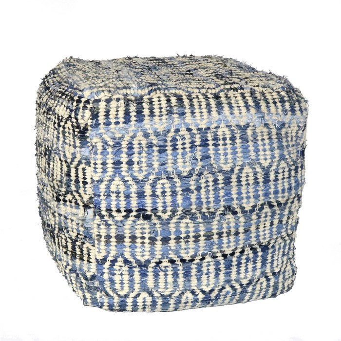 Ogee Pattern Chenille Upholstered Pouf with Cotton Filling, Blue and White