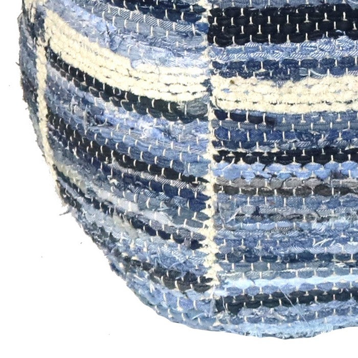 Grid Pattern Chenille Upholstered Pouf with Cotton Filling, Blue and White