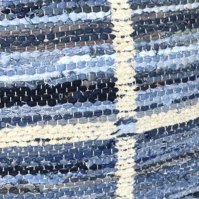 Grid Pattern Chenille Upholstered Pouf with Cotton Filling, Blue and White