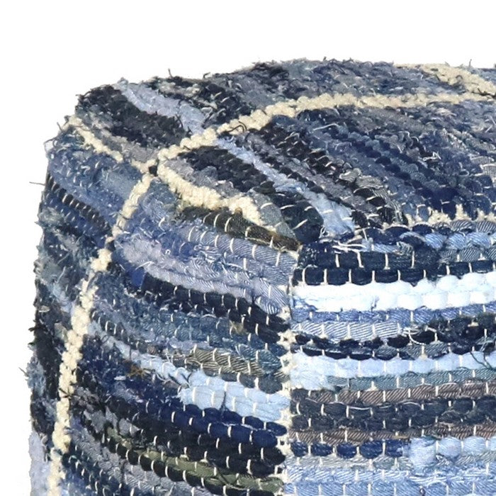 Grid Pattern Chenille Upholstered Pouf with Cotton Filling, Blue and White