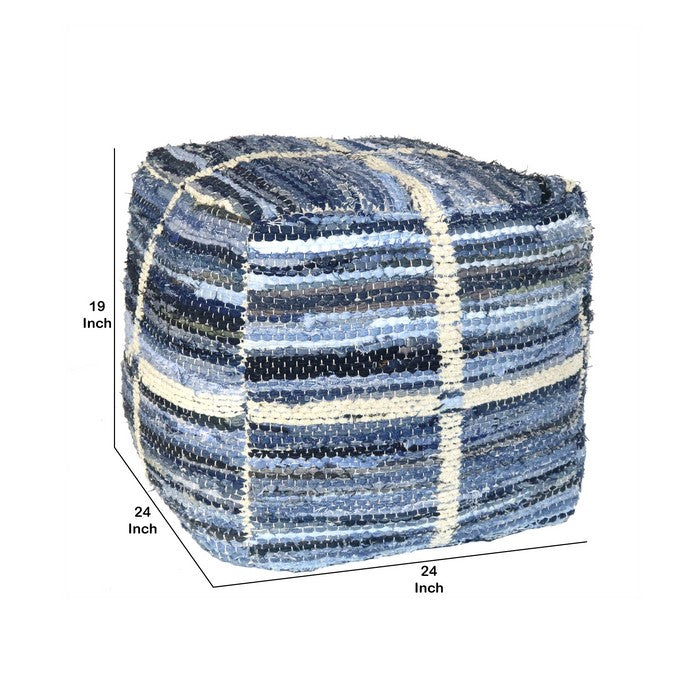 Grid Pattern Chenille Upholstered Pouf with Cotton Filling, Blue and White