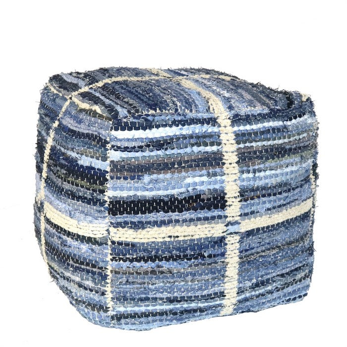 Grid Pattern Chenille Upholstered Pouf with Cotton Filling, Blue and White