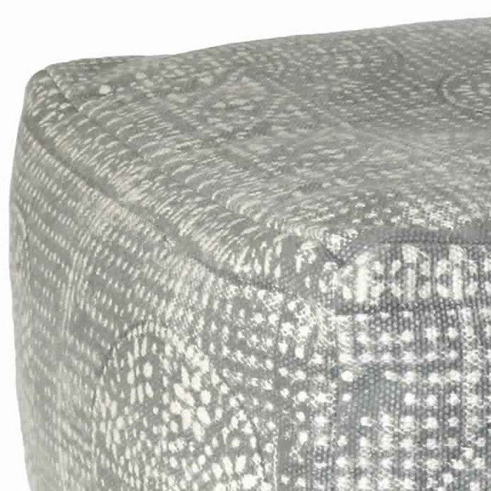 Square Shape Block Printed Fabric Upholstered Pouf, Gray