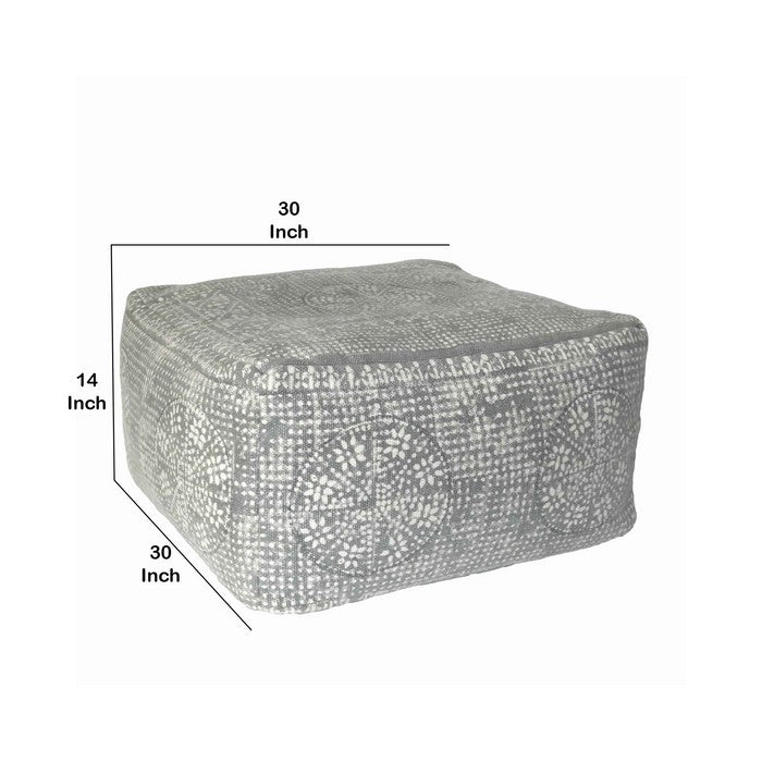 Square Shape Block Printed Fabric Upholstered Pouf, Gray