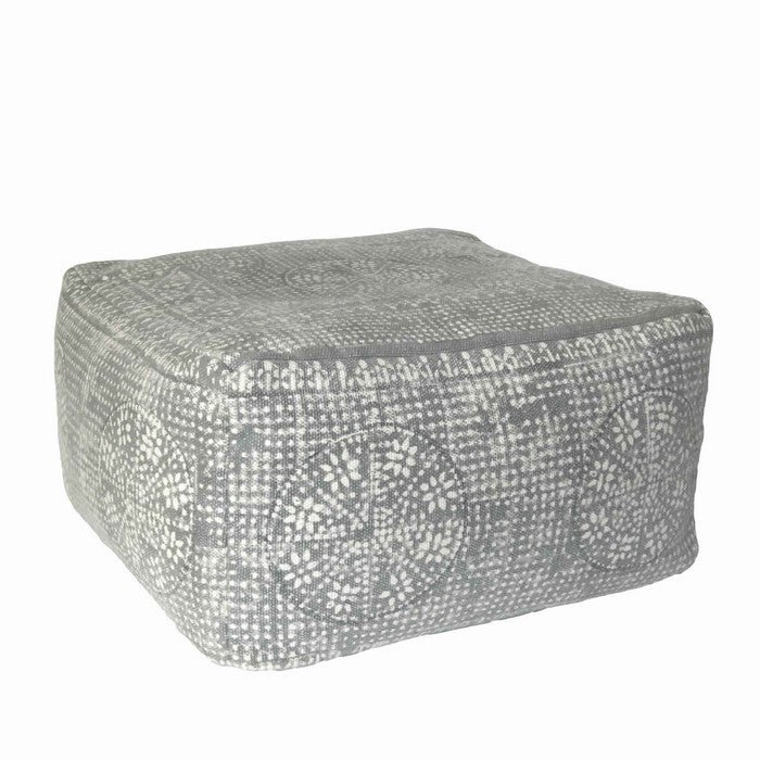 Square Shape Block Printed Fabric Upholstered Pouf, Gray