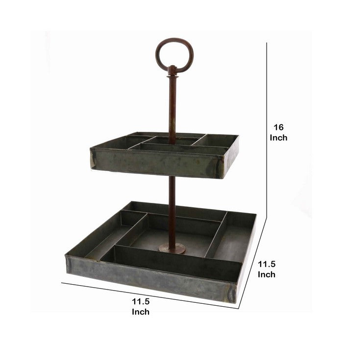 8 Compartment and 2 Tier Galvanized Metal Stand with Ring Handle, Gray