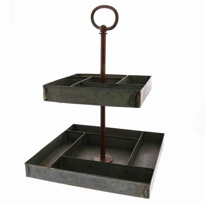 8 Compartment and 2 Tier Galvanized Metal Stand with Ring Handle, Gray