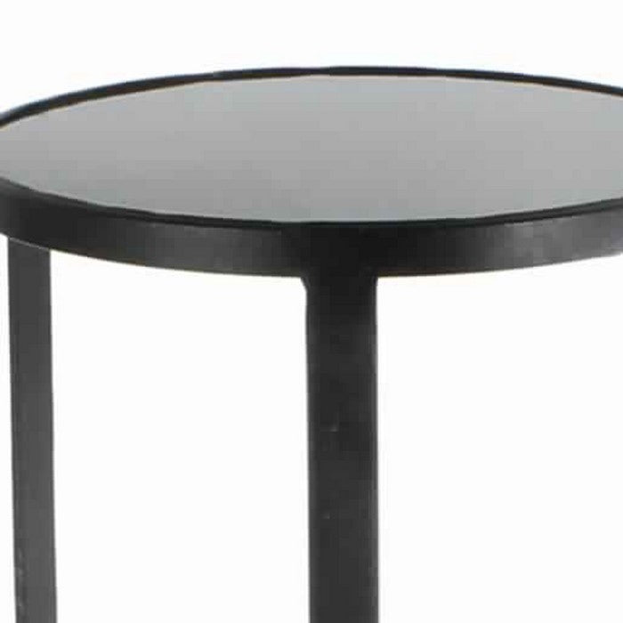 Contemporary Side Table with Metal Frame and Round Stone Top, Black