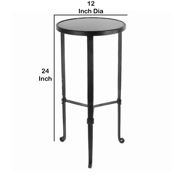 Contemporary Side Table with Metal Frame and Round Stone Top, Black